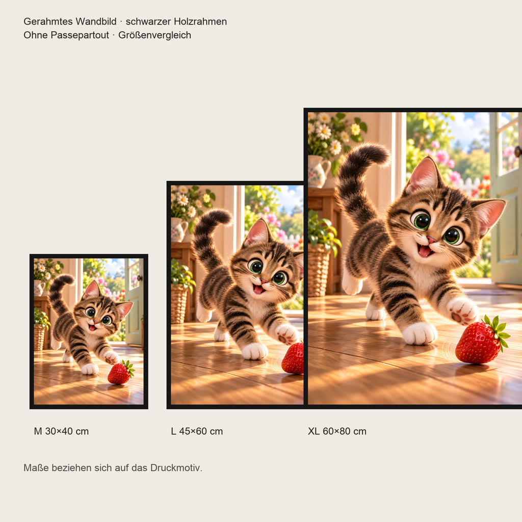 Erdbeerflitzer – Gerahmtes Katzenbild. Schwarzer Rahmen ohne Passepartout. 5 GROESSEN. M 30×40, L45×60, XL60×80 cm.