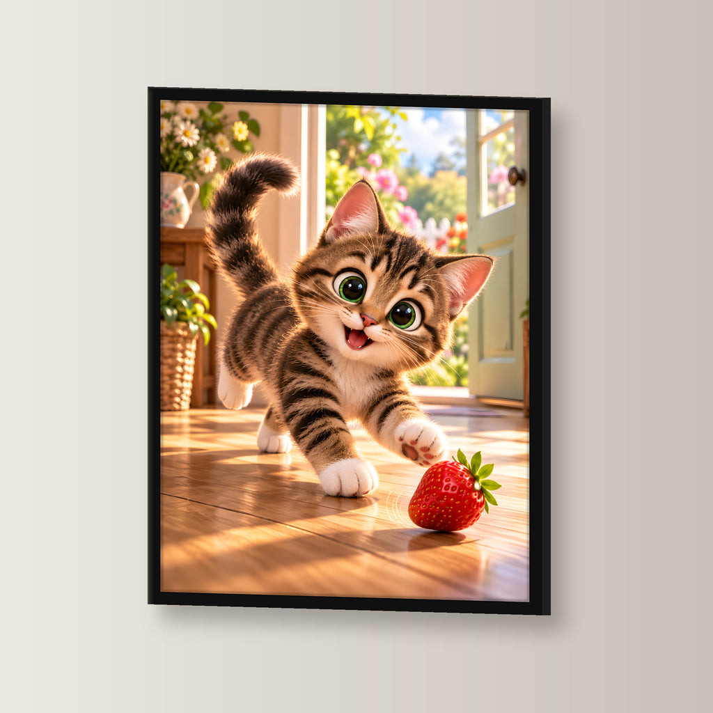 Erdbeerflitzer – Gerahmtes Katzenbild. Schwarzer Rahmen ohne Passepartout. 2 WINKEL. 30×40 cm.