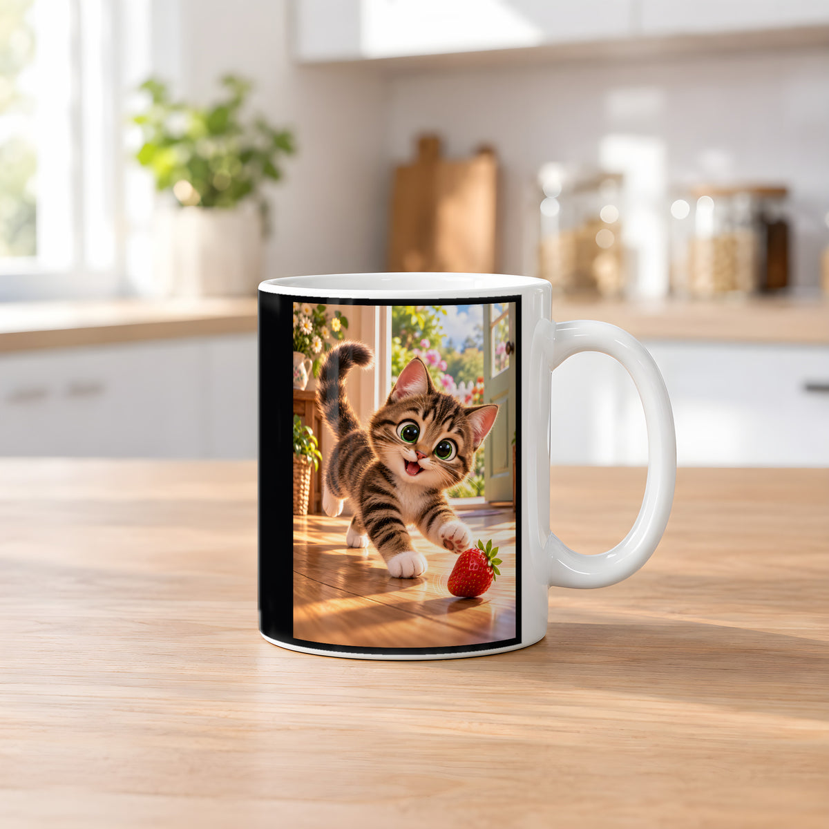 Erdbeerflitzer – Katzentasse. Beidseitige Motivansicht. 2 KUECHE. Weiß.