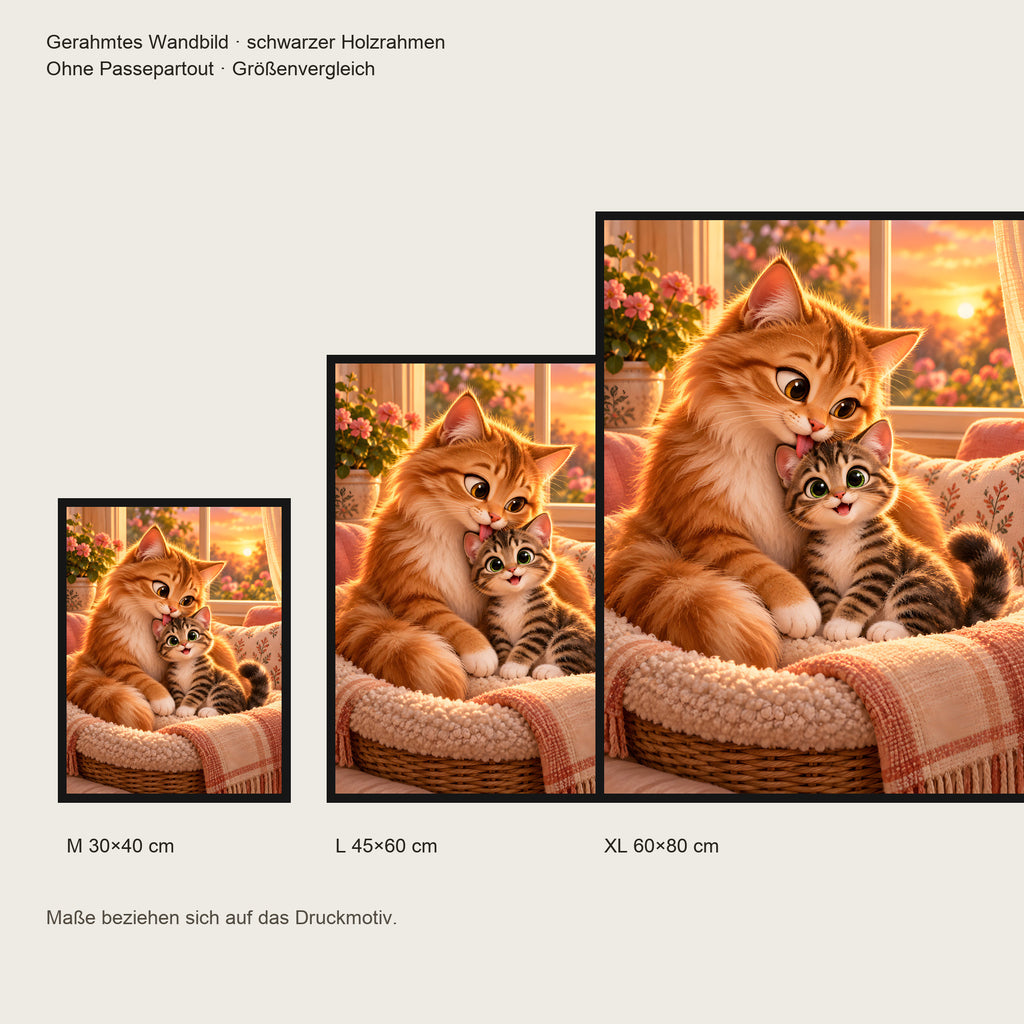 Herzensplatz – Gerahmtes Katzenbild. Schwarzer Rahmen ohne Passepartout. 5 GROESSEN. M 30×40, L45×60, XL60×80 cm.