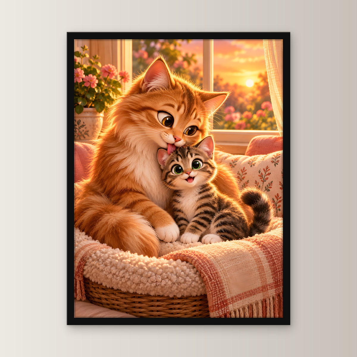 Herzensplatz – Gerahmtes Katzenbild – Frontalansicht im schwarzen Holzrahmen, ohne Passepartout; M 30×40, L 45×60 und XL 60×80 cm.