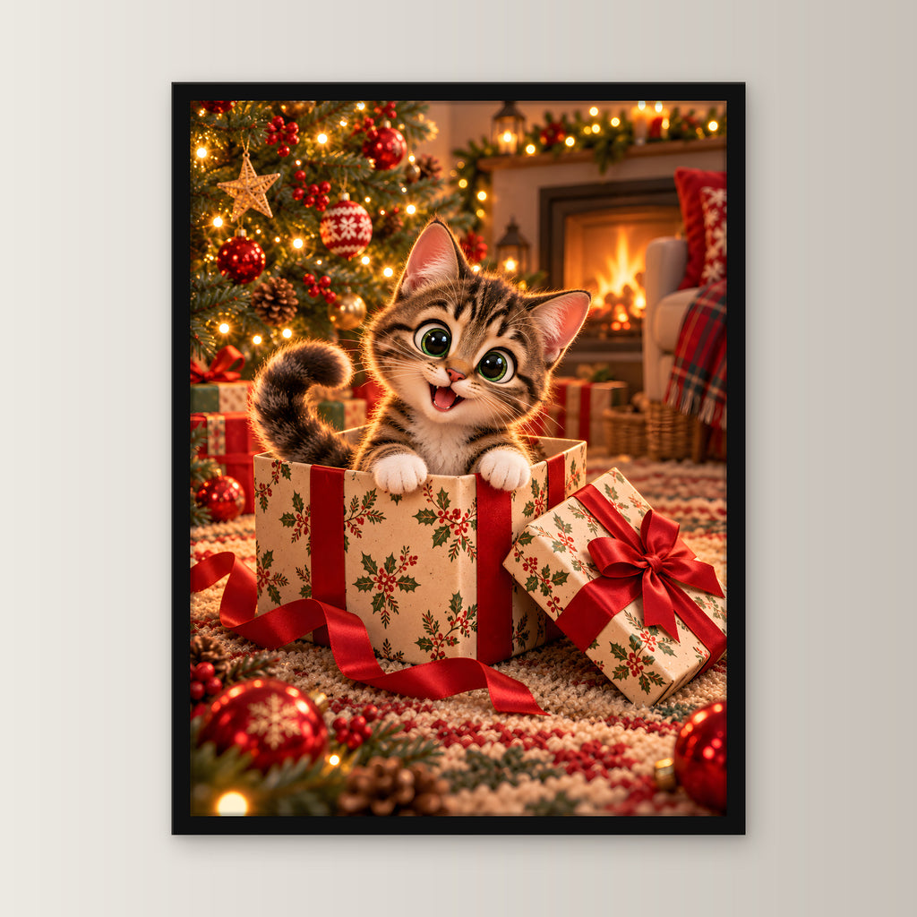 Das Geschenk bin ich – Gerahmtes Katzenbild – Frontalansicht im schwarzen Holzrahmen, ohne Passepartout; M 30×40, L 45×60 und XL 60×80 cm.
