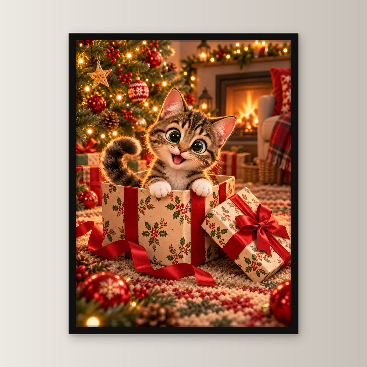 Das Geschenk bin ich – Gerahmtes Katzenbild – Frontalansicht im schwarzen Holzrahmen, ohne Passepartout; M 30×40, L 45×60 und XL 60×80 cm.