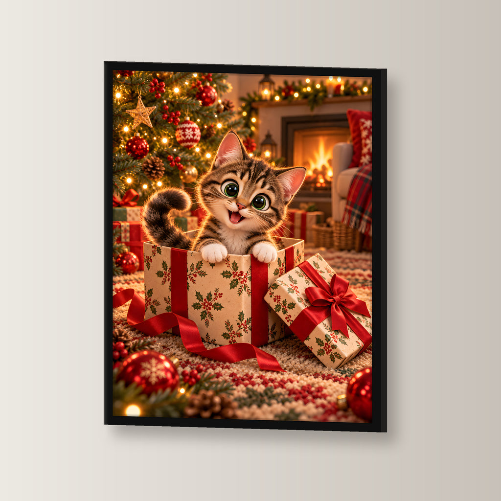 Das Geschenk bin ich – Gerahmtes Katzenbild. Schwarzer Rahmen ohne Passepartout. 2 WINKEL. 30×40 cm.