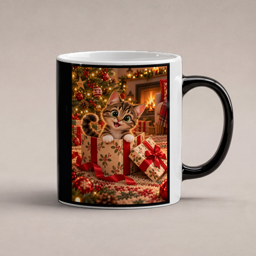 Das Geschenk bin ich – Katzentasse. Beidseitige Motivansicht. 1 STUDIO HEISS. Zaubertasse: Wärmeeffekt.
