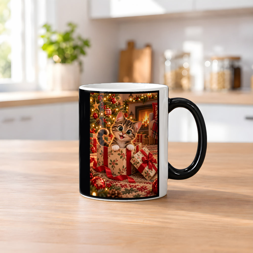 Das Geschenk bin ich – Katzentasse. Beidseitige Motivansicht. 2 KUECHE HEISS. Zaubertasse: Wärmeeffekt.