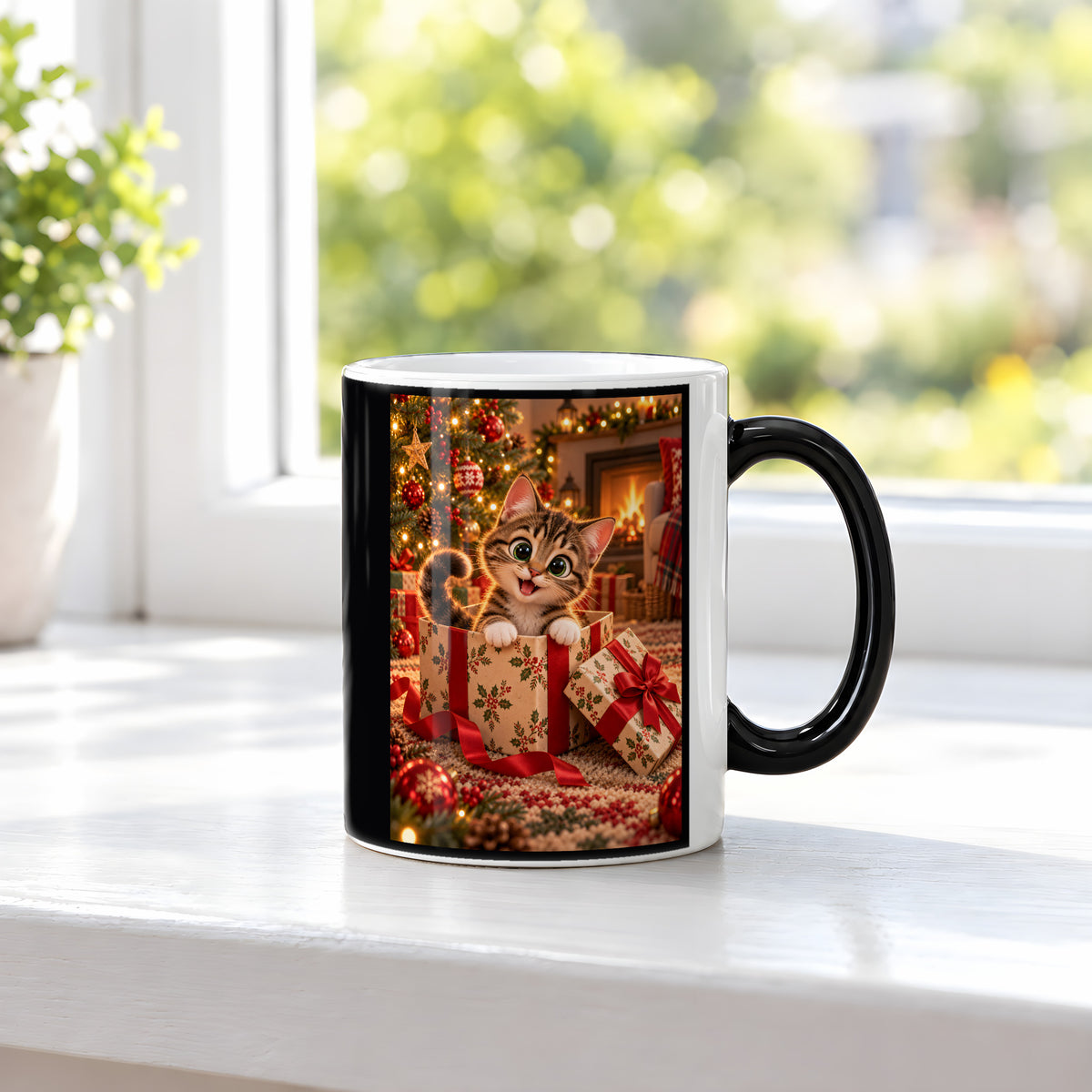 Das Geschenk bin ich – Katzentasse. Beidseitige Motivansicht. 3 FENSTER HEISS. Zaubertasse: Wärmeeffekt.
