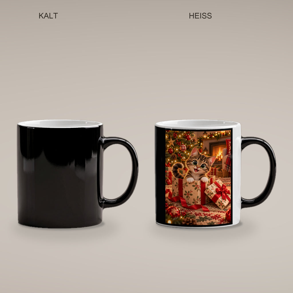 Das Geschenk bin ich – Katzentasse. Beidseitige Motivansicht. 4 PAAR KALT HEISS. Zaubertasse: Wärmeeffekt.