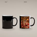 Das Geschenk bin ich – Katzentasse. Beidseitige Motivansicht. 4 PAAR KALT HEISS. Zaubertasse: Wärmeeffekt.