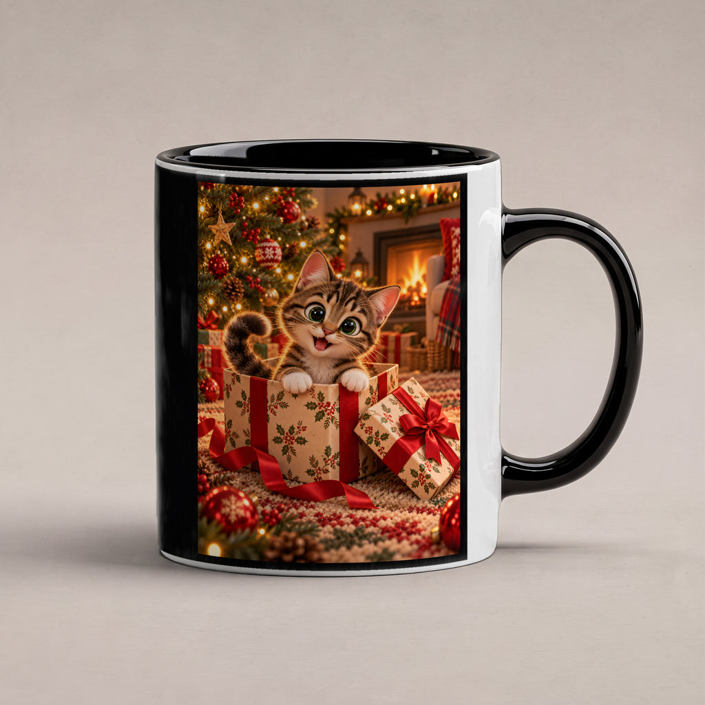 Das Geschenk bin ich – Katzentasse. Beidseitige Motivansicht. 1 STUDIO. Innen schwarz.