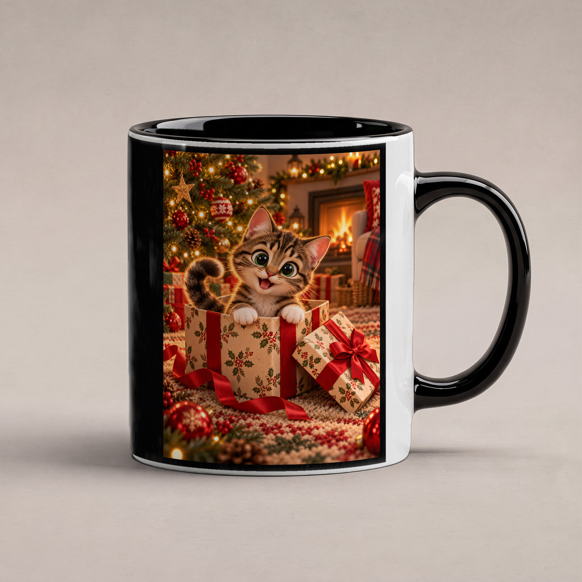 Das Geschenk bin ich – Katzentasse. Beidseitige Motivansicht. 1 STUDIO. Innen schwarz.