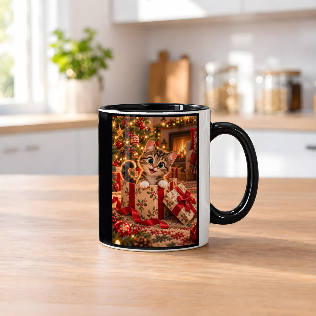 Das Geschenk bin ich – Katzentasse. Beidseitige Motivansicht. 2 KUECHE. Innen schwarz.