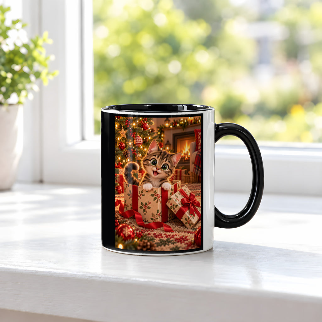 Das Geschenk bin ich – Katzentasse. Beidseitige Motivansicht. 3 FENSTER. Innen schwarz.