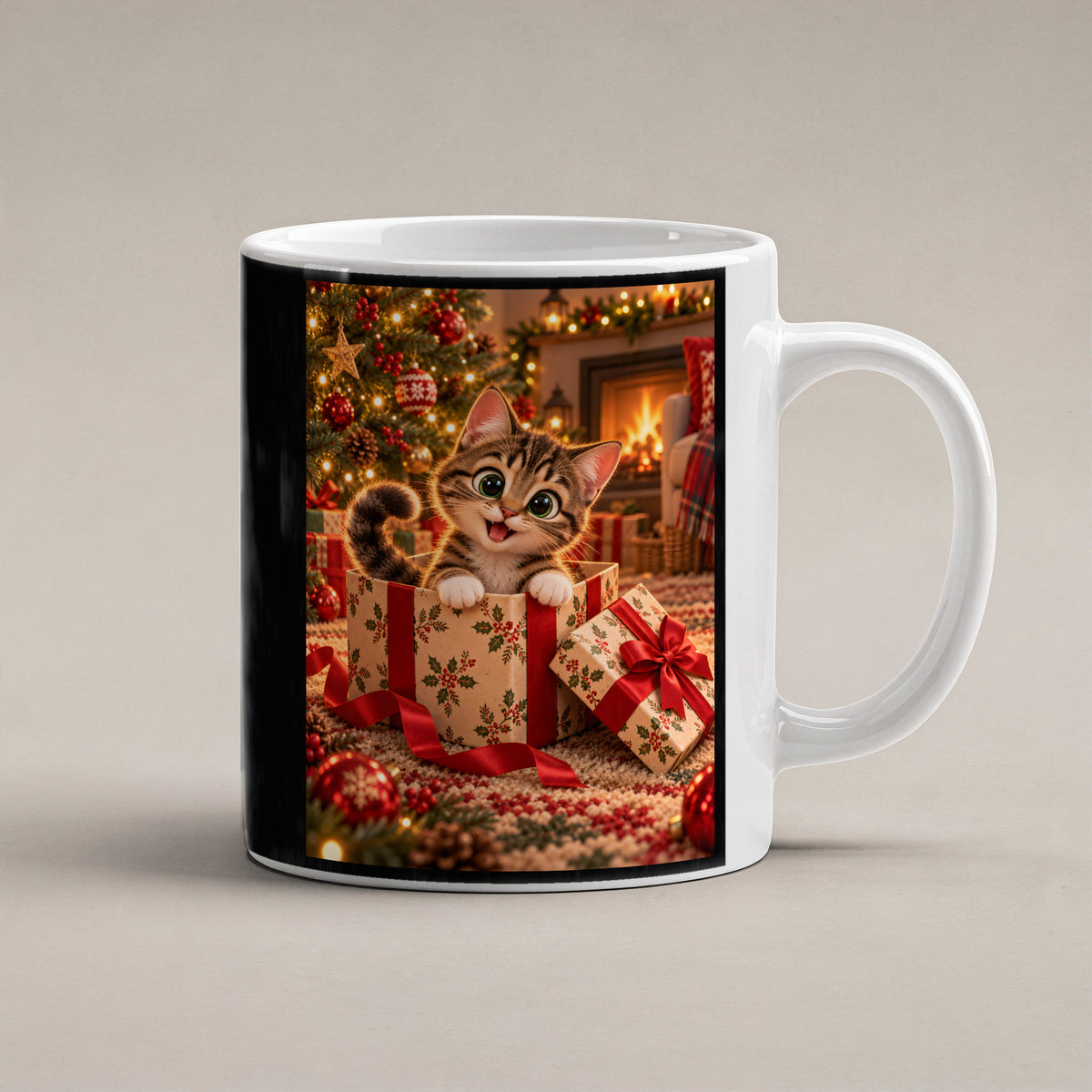 Das Geschenk bin ich – Katzentasse. Beidseitige Motivansicht. 1 STUDIO. Weiß.
