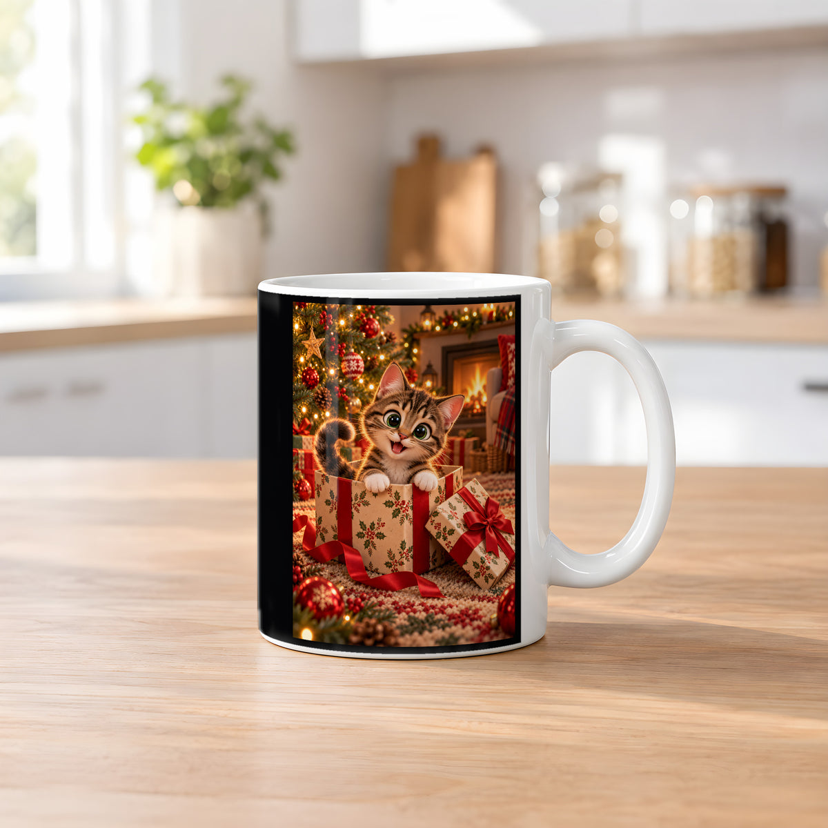 Das Geschenk bin ich – Katzentasse. Beidseitige Motivansicht. 2 KUECHE. Weiß.