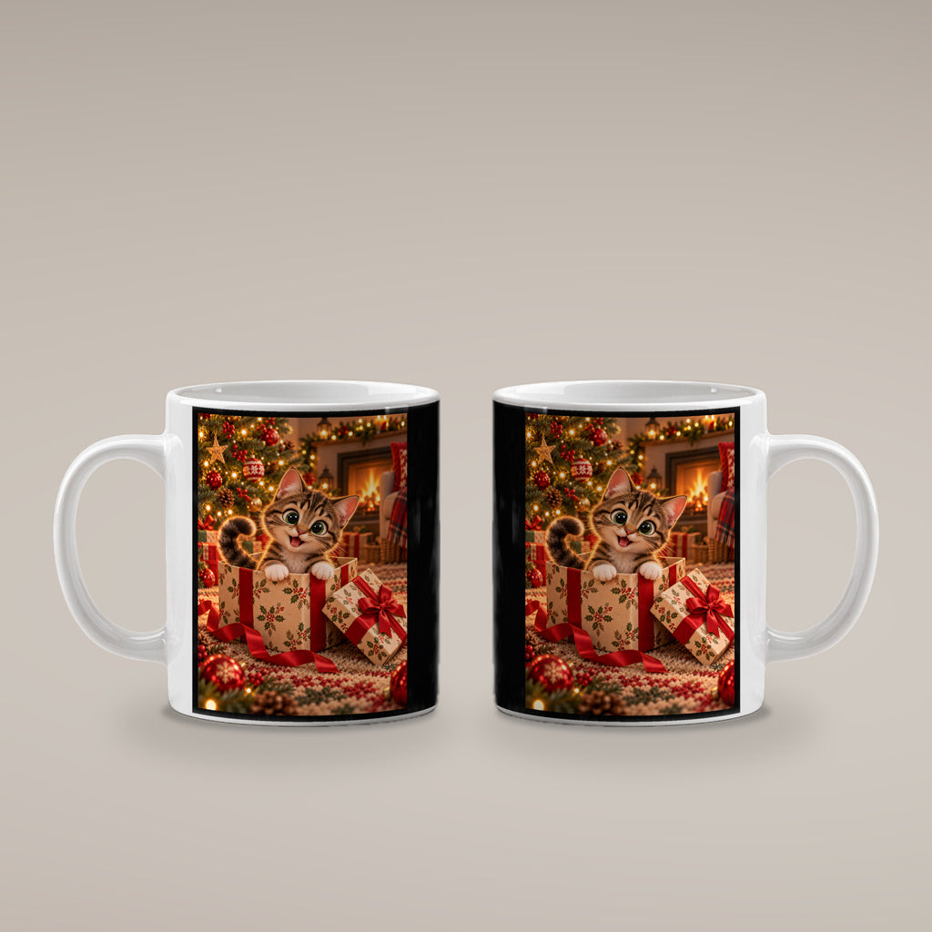 Das Geschenk bin ich – Katzentasse. Beidseitige Motivansicht. 4 BEIDE SEITEN. Weiß.