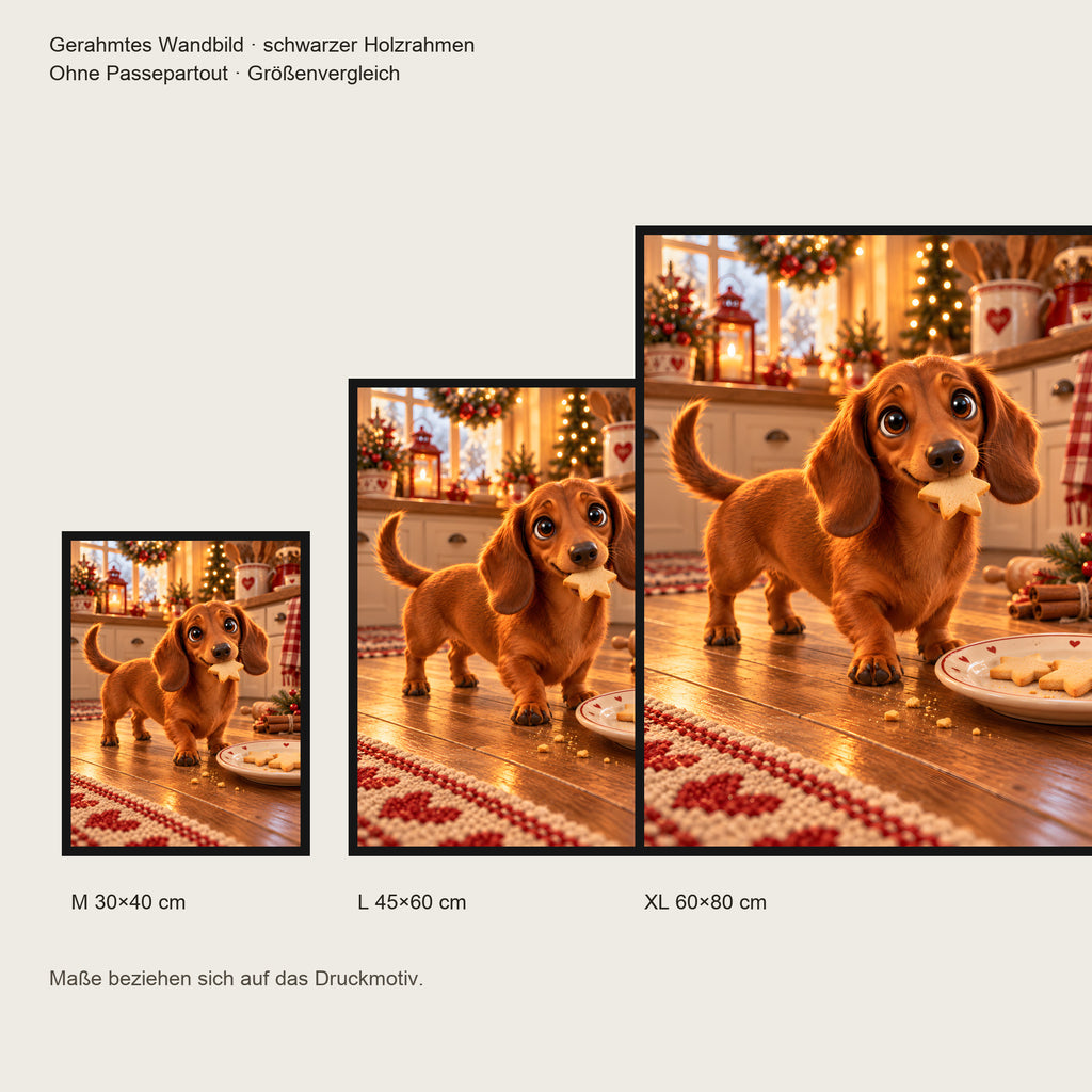 Plätzchen erwischt – Gerahmtes Dackelbild. Schwarzer Rahmen ohne Passepartout. 5 GROESSEN. M 30×40, L45×60, XL60×80 cm.