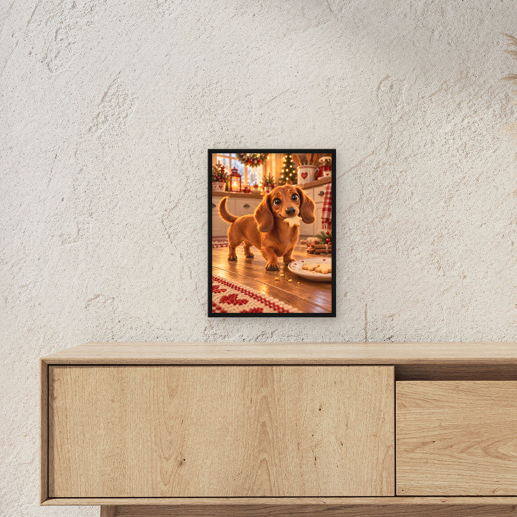Plätzchen erwischt – Gerahmtes Dackelbild. Schwarzer Rahmen ohne Passepartout. 3 RAUM 30x40cm. 30×40 cm.
