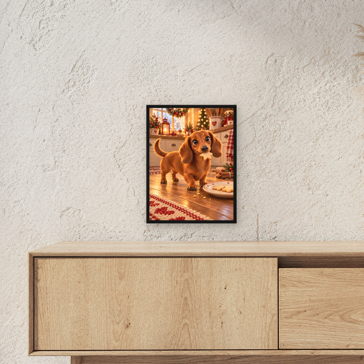 Plätzchen erwischt – Gerahmtes Dackelbild. Schwarzer Rahmen ohne Passepartout. 3 RAUM 30x40cm. 30×40 cm.