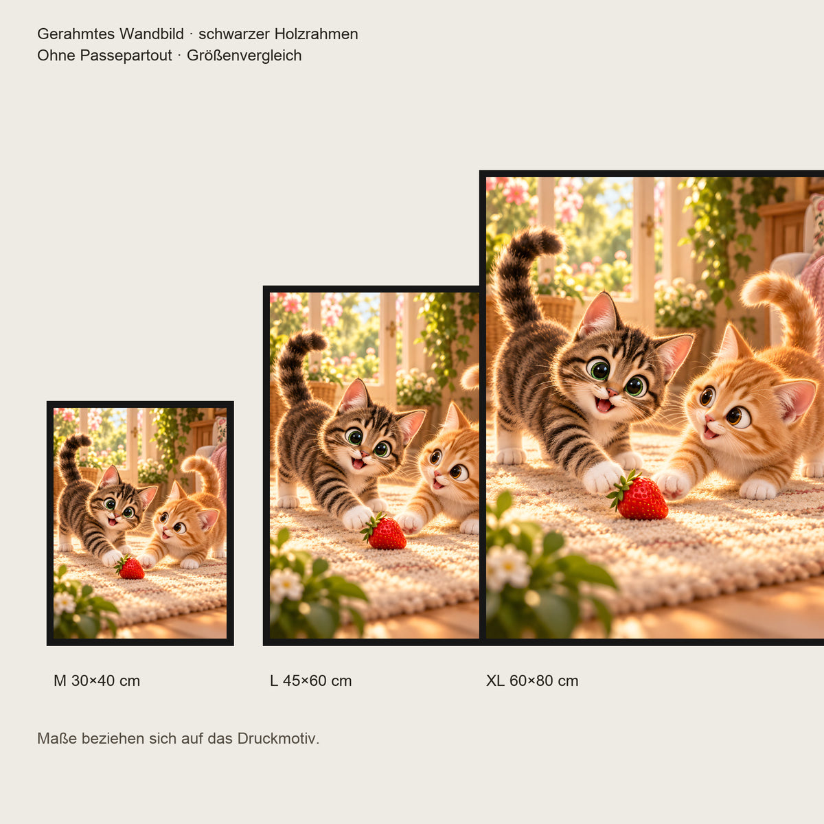 Zwei Herzen, ein Spiel – Gerahmtes Katzenbild. Schwarzer Rahmen ohne Passepartout. 5 GROESSEN. M 30×40, L45×60, XL60×80 cm.