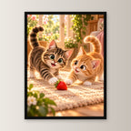 Zwei Herzen, ein Spiel – Gerahmtes Katzenbild – Frontalansicht im schwarzen Holzrahmen, ohne Passepartout; M 30×40, L 45×60 und XL 60×80 cm.