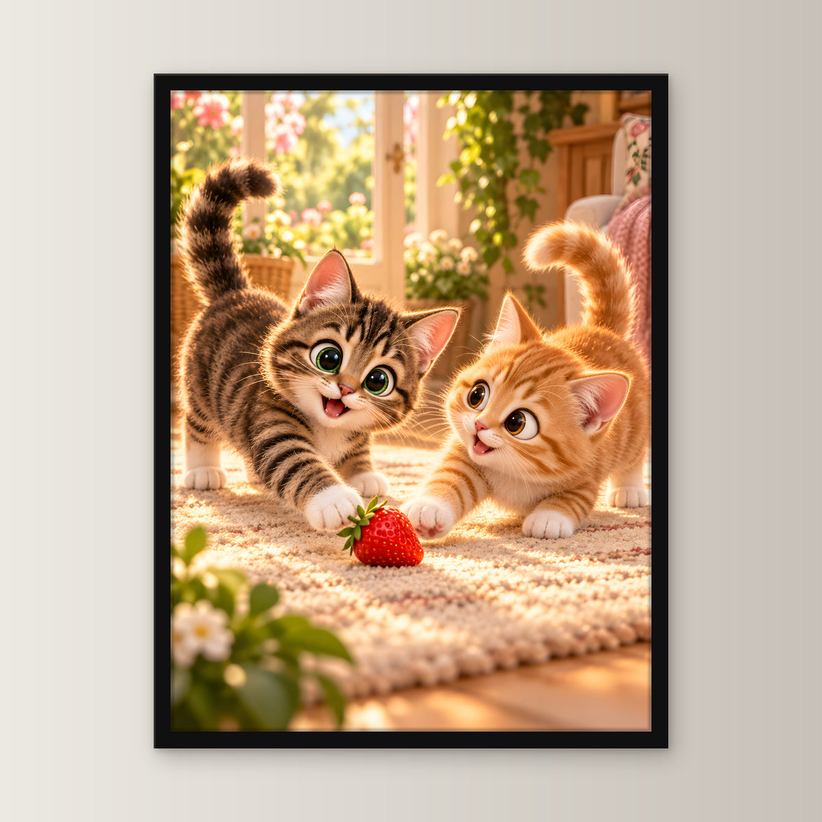 Zwei Herzen, ein Spiel – Gerahmtes Katzenbild – Frontalansicht im schwarzen Holzrahmen, ohne Passepartout; M 30×40, L 45×60 und XL 60×80 cm.