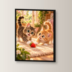 Zwei Herzen, ein Spiel – Gerahmtes Katzenbild. Schwarzer Rahmen ohne Passepartout. 2 WINKEL. 30×40 cm.