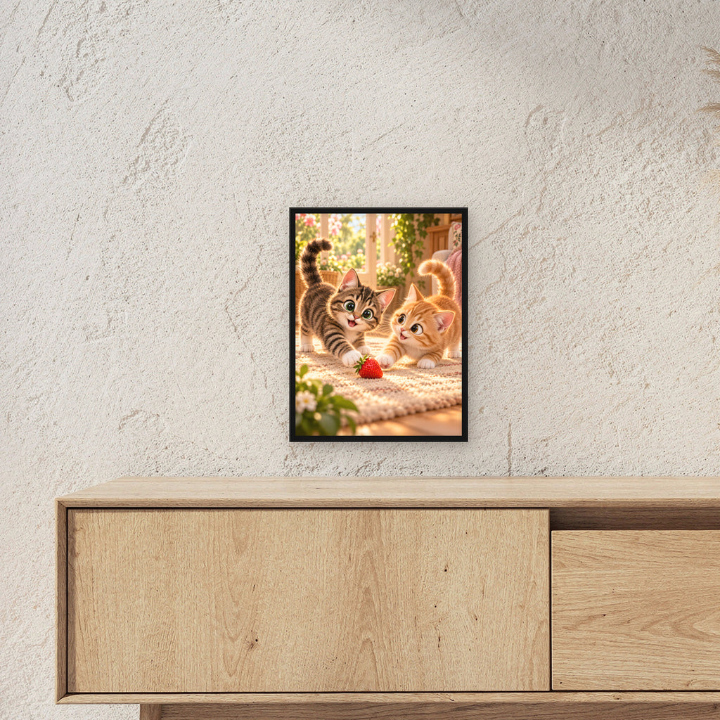 Zwei Herzen, ein Spiel – Gerahmtes Katzenbild. Schwarzer Rahmen ohne Passepartout. 3 RAUM 30x40cm. 30×40 cm.