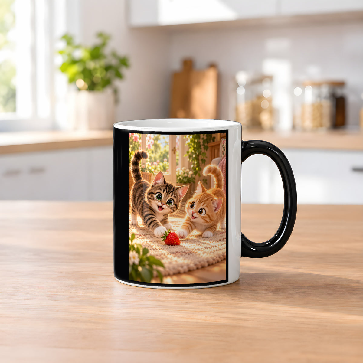 Zwei Herzen, ein Spiel – Katzentasse. Beidseitige Motivansicht. 2 KUECHE HEISS. Zaubertasse: Wärmeeffekt.