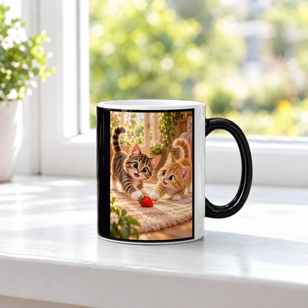 Zwei Herzen, ein Spiel – Katzentasse. Beidseitige Motivansicht. 3 FENSTER HEISS. Zaubertasse: Wärmeeffekt.