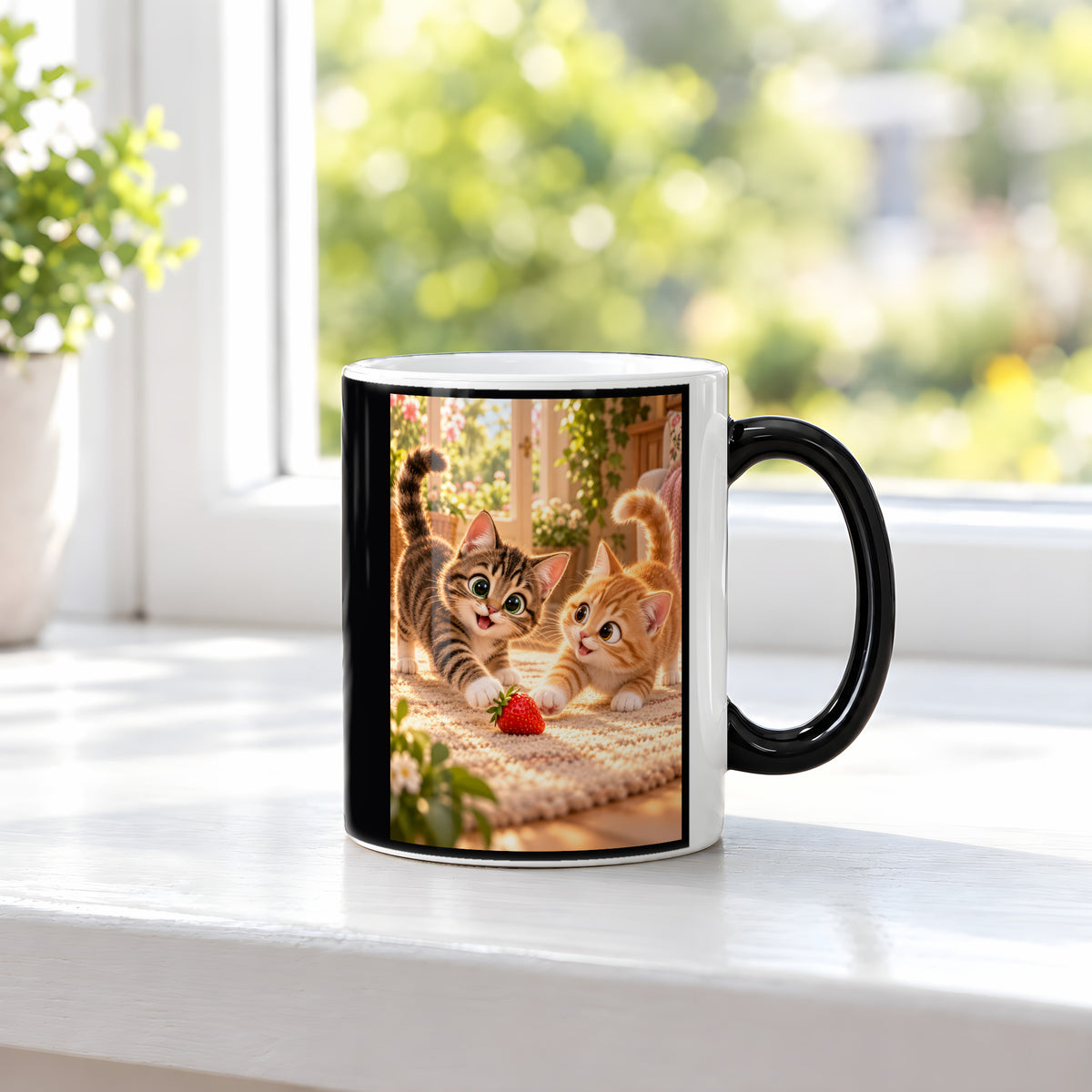 Zwei Herzen, ein Spiel – Katzentasse. Beidseitige Motivansicht. 3 FENSTER HEISS. Zaubertasse: Wärmeeffekt.