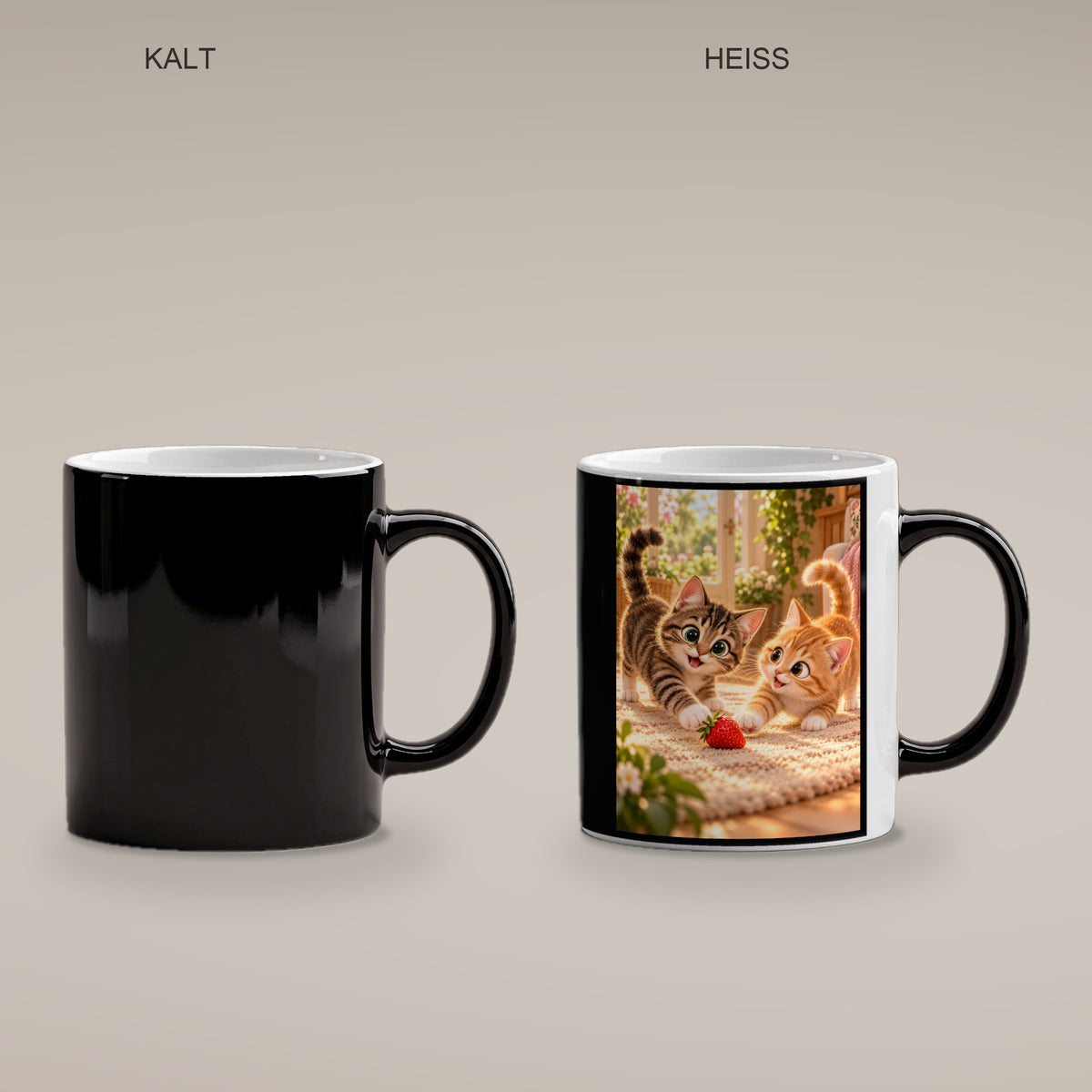 Zwei Herzen, ein Spiel – Katzentasse. Beidseitige Motivansicht. 4 PAAR KALT HEISS. Zaubertasse: Wärmeeffekt.