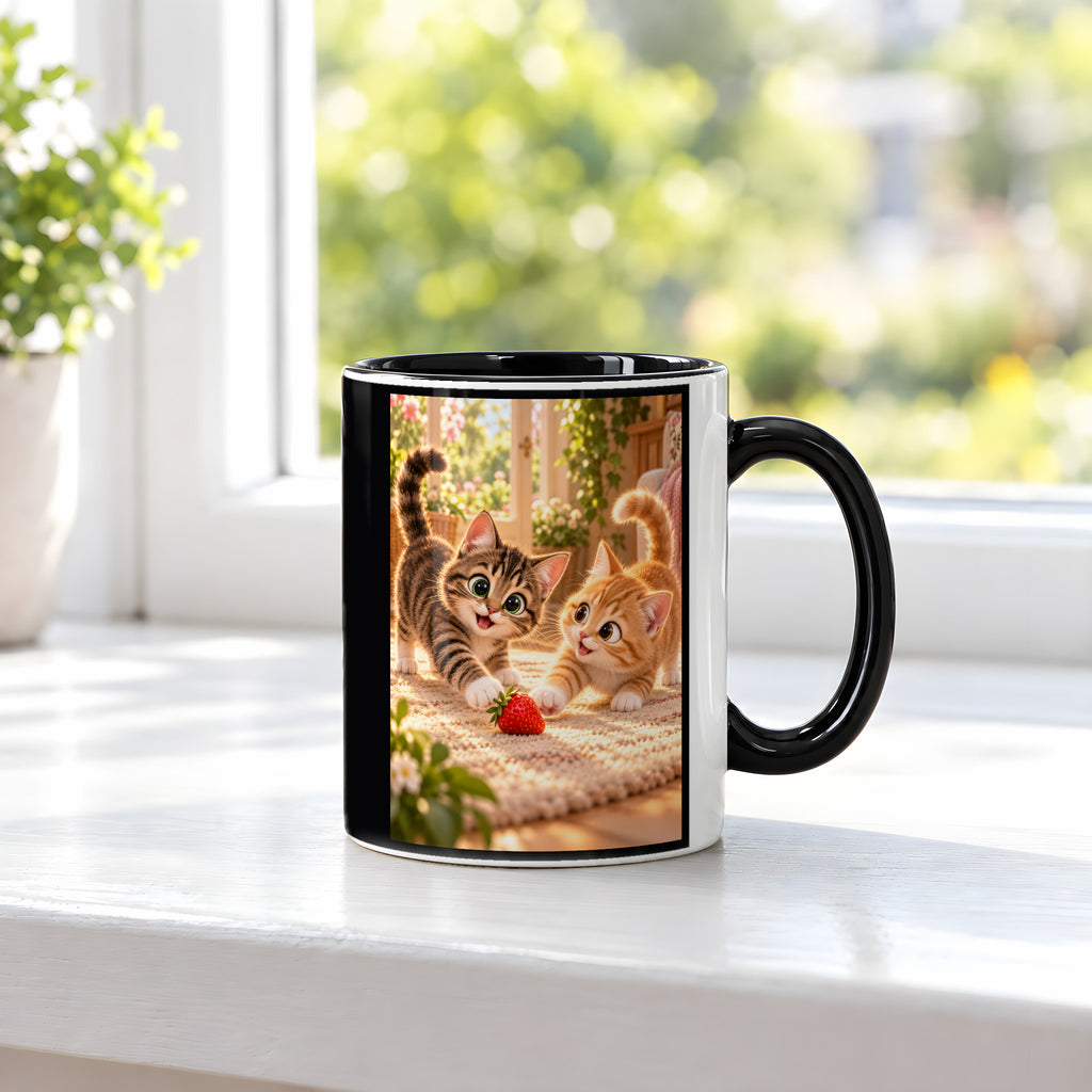 Zwei Herzen, ein Spiel – Katzentasse. Beidseitige Motivansicht. 3 FENSTER. Innen schwarz.
