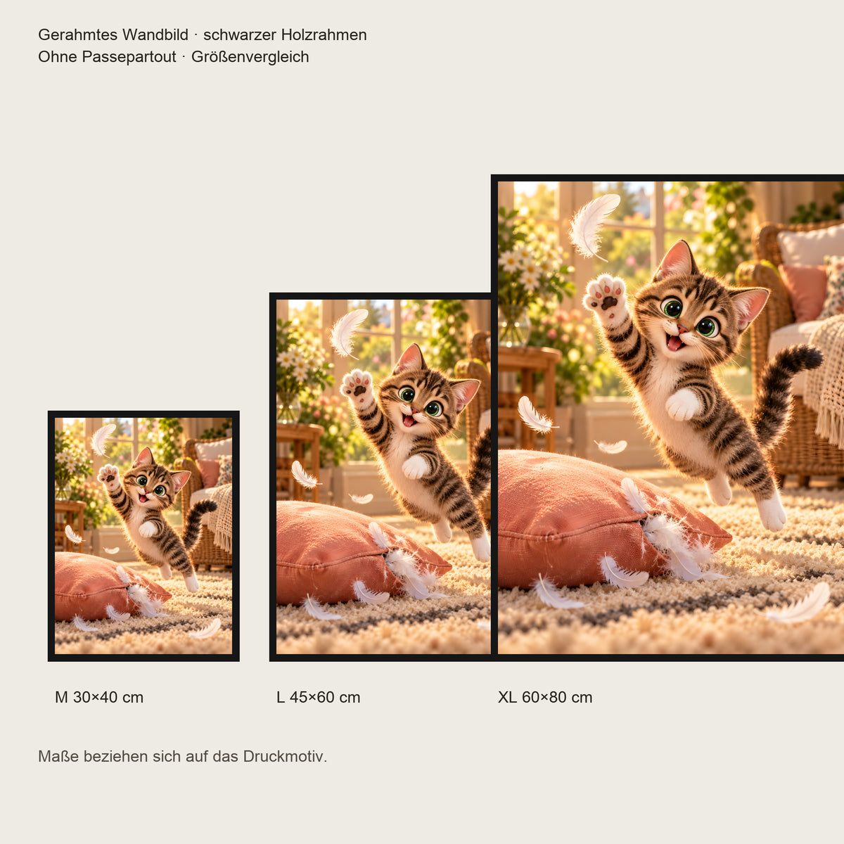 Kissenfederparty – Gerahmtes Katzenbild. Schwarzer Rahmen ohne Passepartout. 5 GROESSEN. M 30×40, L45×60, XL60×80 cm.