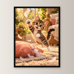 Kissenfederparty – Gerahmtes Katzenbild – Frontalansicht im schwarzen Holzrahmen, ohne Passepartout; M 30×40, L 45×60 und XL 60×80 cm.