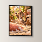 Kissenfederparty – Gerahmtes Katzenbild. Schwarzer Rahmen ohne Passepartout. 2 WINKEL. 30×40 cm.