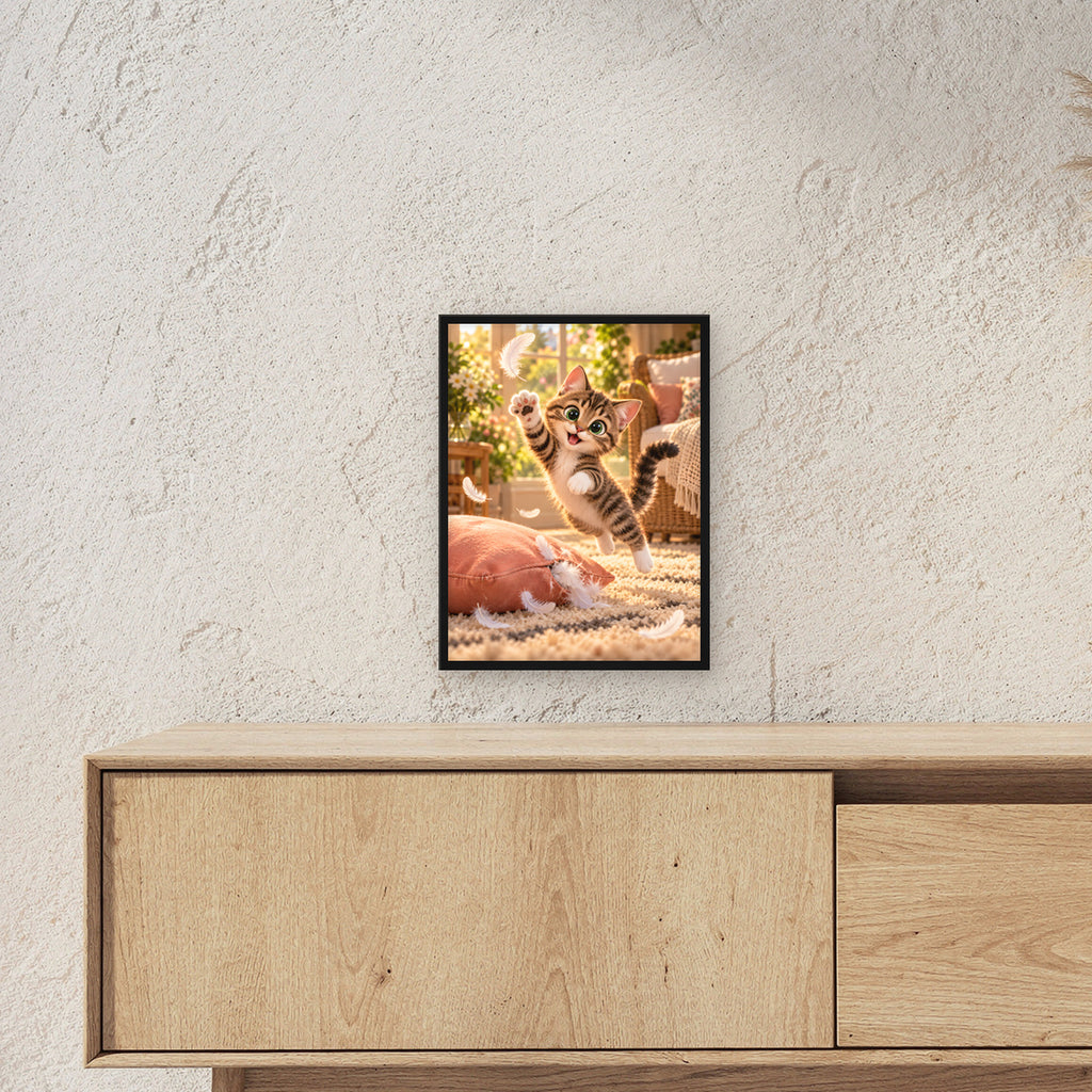Kissenfederparty – Gerahmtes Katzenbild. Schwarzer Rahmen ohne Passepartout. 3 RAUM 30x40cm. 30×40 cm.