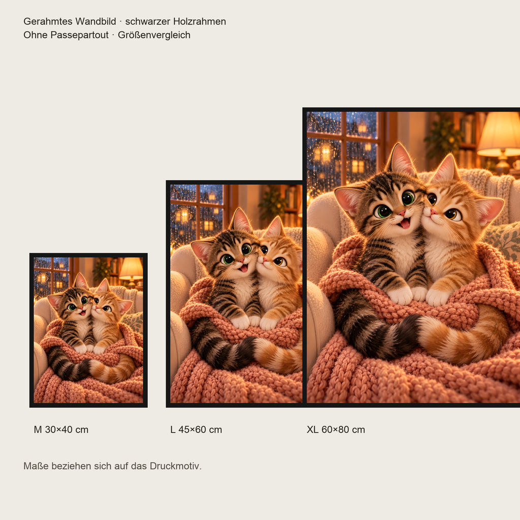 Zusammen ist es wärmer – Gerahmtes Katzenbild. Schwarzer Rahmen ohne Passepartout. 5 GROESSEN. M 30×40, L45×60, XL60×80 cm.