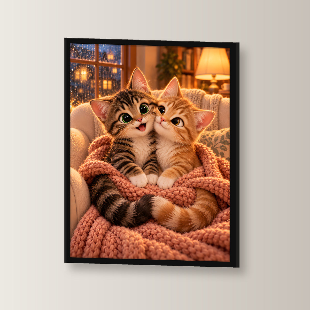 Zusammen ist es wärmer – Gerahmtes Katzenbild. Schwarzer Rahmen ohne Passepartout. 2 WINKEL. 30×40 cm.
