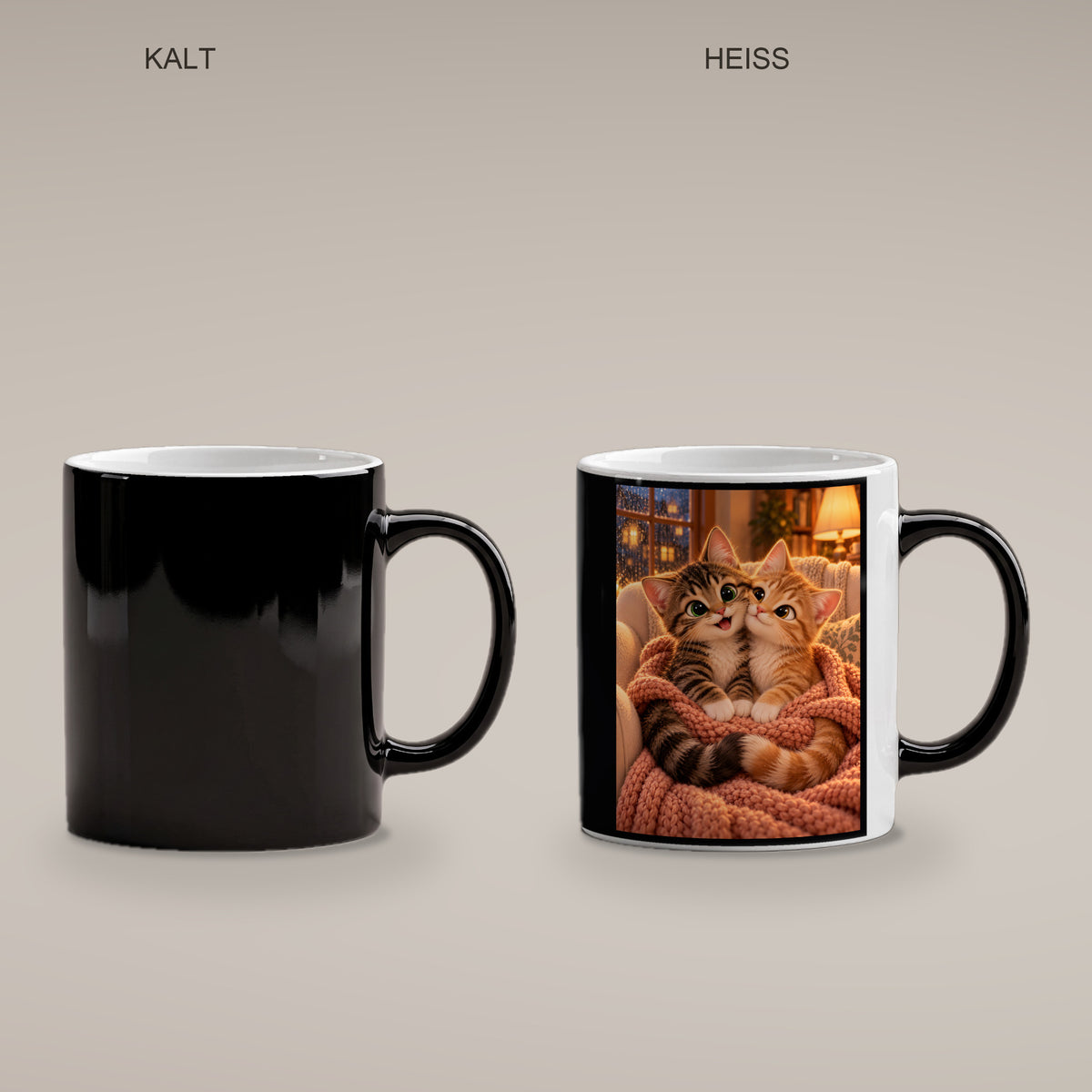 Zusammen ist es wärmer – Katzentasse. Beidseitige Motivansicht. 4 PAAR KALT HEISS. Zaubertasse: Wärmeeffekt.