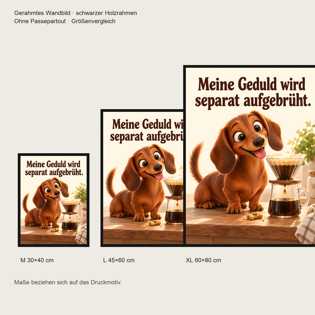 Geduldsbrüher – Gerahmtes Dackelbild. Spruch: Meine Geduld wird separat aufgebrüht. Schwarzer Rahmen ohne Passepartout. 5 GROESSEN. M 30×40, L45×60, XL60×80 cm.