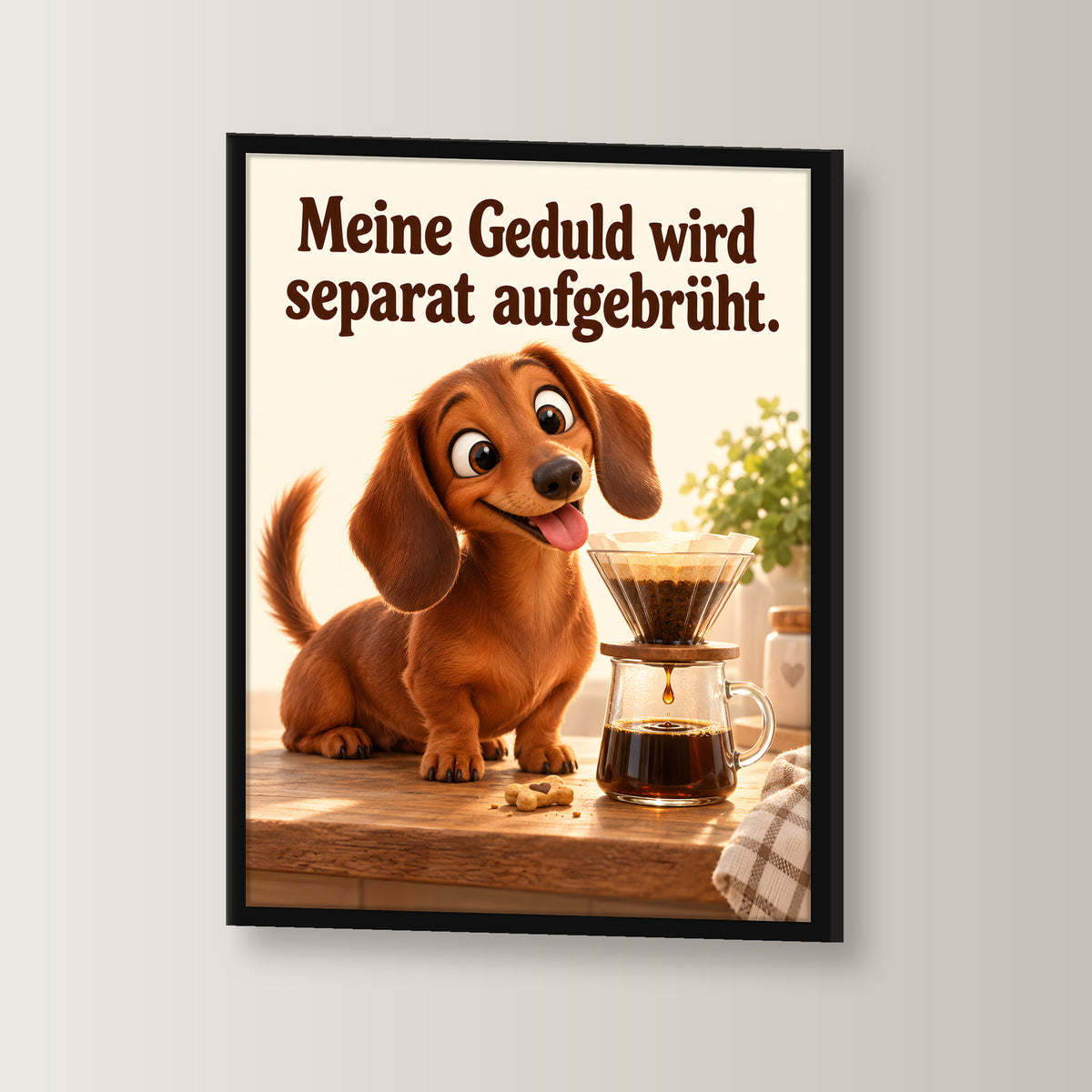 Geduldsbrüher – Gerahmtes Dackelbild. Spruch: Meine Geduld wird separat aufgebrüht. Schwarzer Rahmen ohne Passepartout. 2 WINKEL. 30×40 cm.
