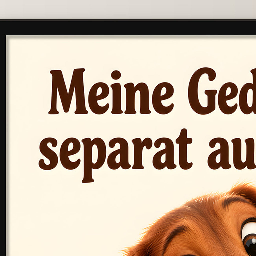 Geduldsbrüher – Gerahmtes Dackelbild. Spruch: Meine Geduld wird separat aufgebrüht. Schwarzer Rahmen ohne Passepartout. 4 RAHMENDETAIL. 30×40 cm.