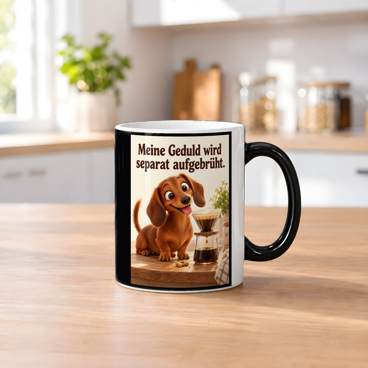 Geduldsbrüher – Dackeltasse mit Spruch. Spruch: Meine Geduld wird separat aufgebrüht. Beidseitiges Hochformatmotiv. 2 KUECHE HEISS. Zaubertasse: Wärmeeffekt.