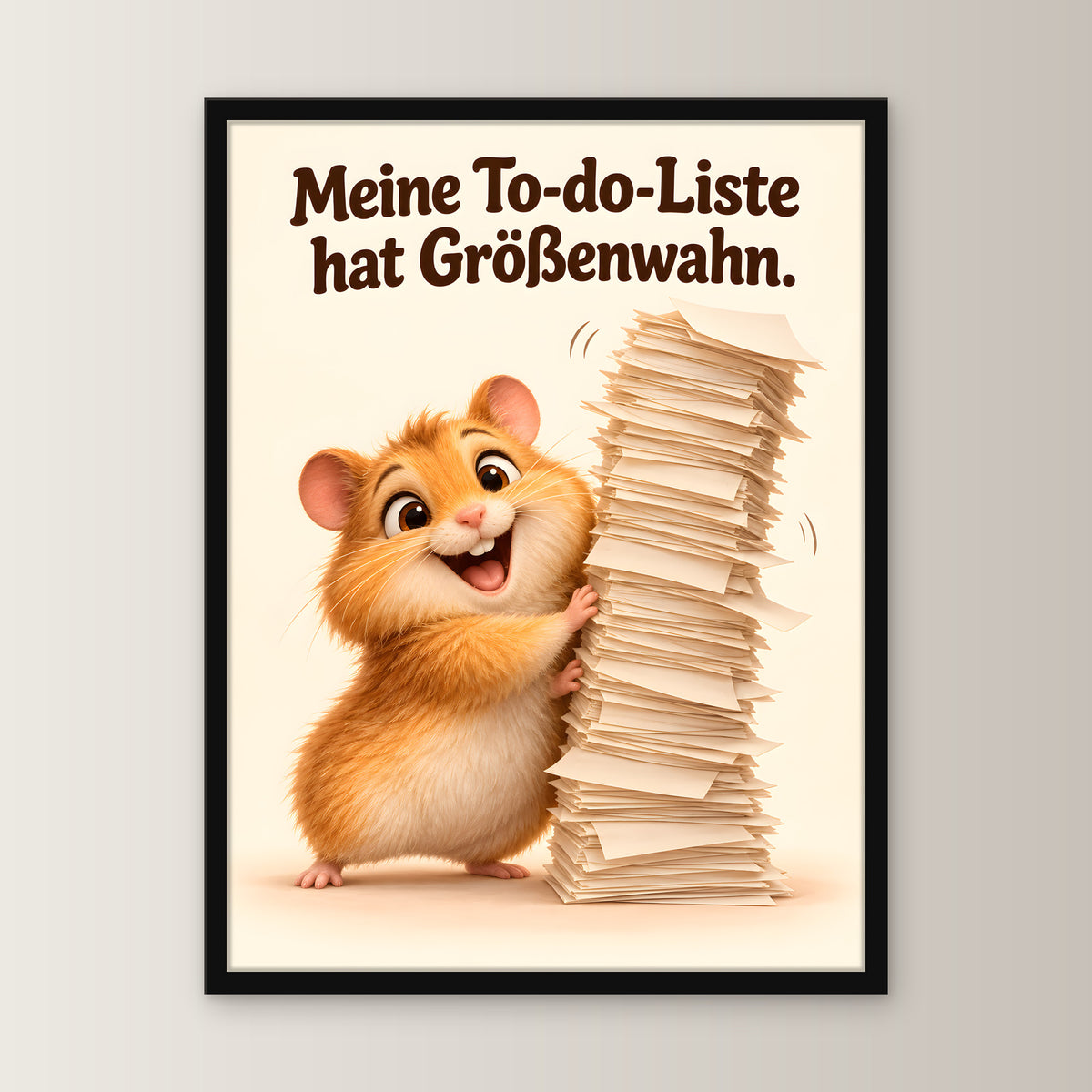 Listenbezwinger – Gerahmtes Hamsterbild – Frontalansicht im schwarzen Holzrahmen, ohne Passepartout; M 30×40, L 45×60 und XL 60×80 cm.