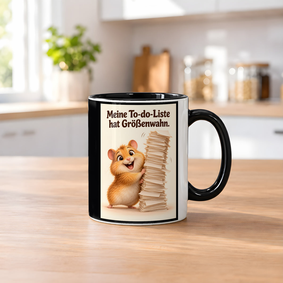 Listenbezwinger – Hamstertasse mit Spruch. Spruch: Meine To-do-Liste hat Größenwahn. Beidseitiges Hochformatmotiv. 2 KUECHE. Innen schwarz.