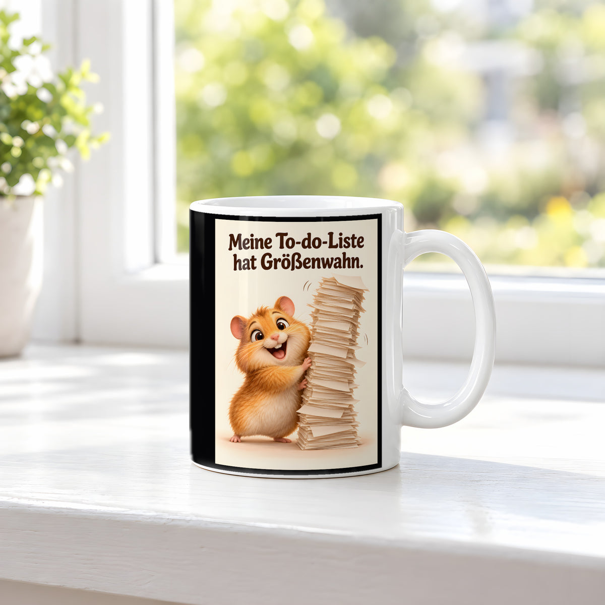 Listenbezwinger – Hamstertasse mit Spruch. Spruch: Meine To-do-Liste hat Größenwahn. Beidseitiges Hochformatmotiv. 3 FENSTER. Weiß.