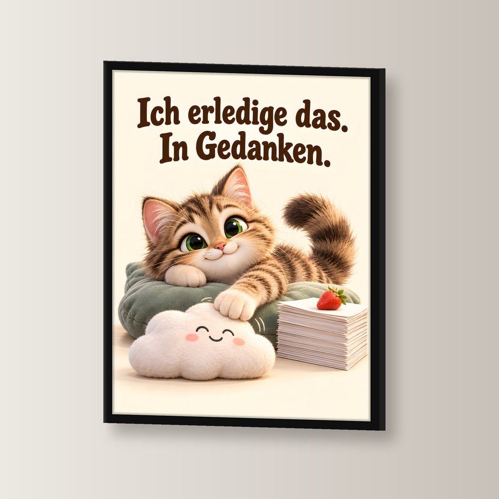 Gedankenkünstler – Gerahmtes Katzenbild. Spruch: Ich erledige das. In Gedanken. Schwarzer Rahmen ohne Passepartout. 2 WINKEL. 30×40 cm.