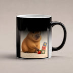 Ruhe mit Plan – Capybara-Tasse mit Spruch. Spruch: Ich wirke ruhig. Das ist Tarnung. Beidseitiges Hochformatmotiv. 6 WAERMEEFFEKT. Zaubertasse: Wärmeeffekt.