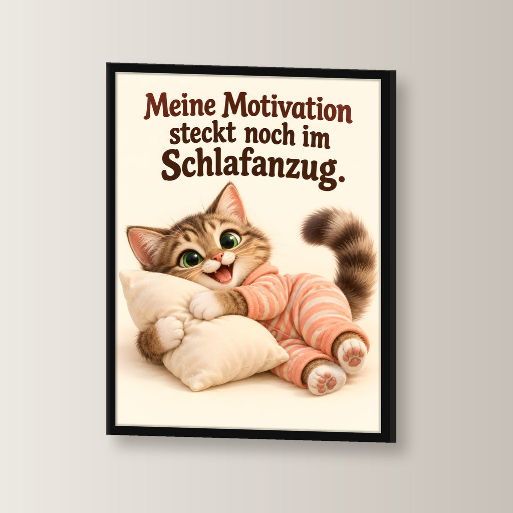Schlafanzugglück – Gerahmtes Katzenbild. Spruch: Meine Motivation steckt noch im Schlafanzug. Schwarzer Rahmen ohne Passepartout. 2 WINKEL. 30×40 cm.